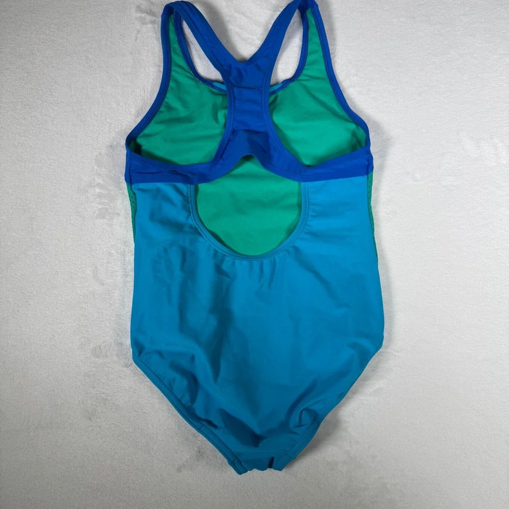 Speedo Girls Swimsuit Size 14 Blue Green Athletic‎ One Piece Training Racerback